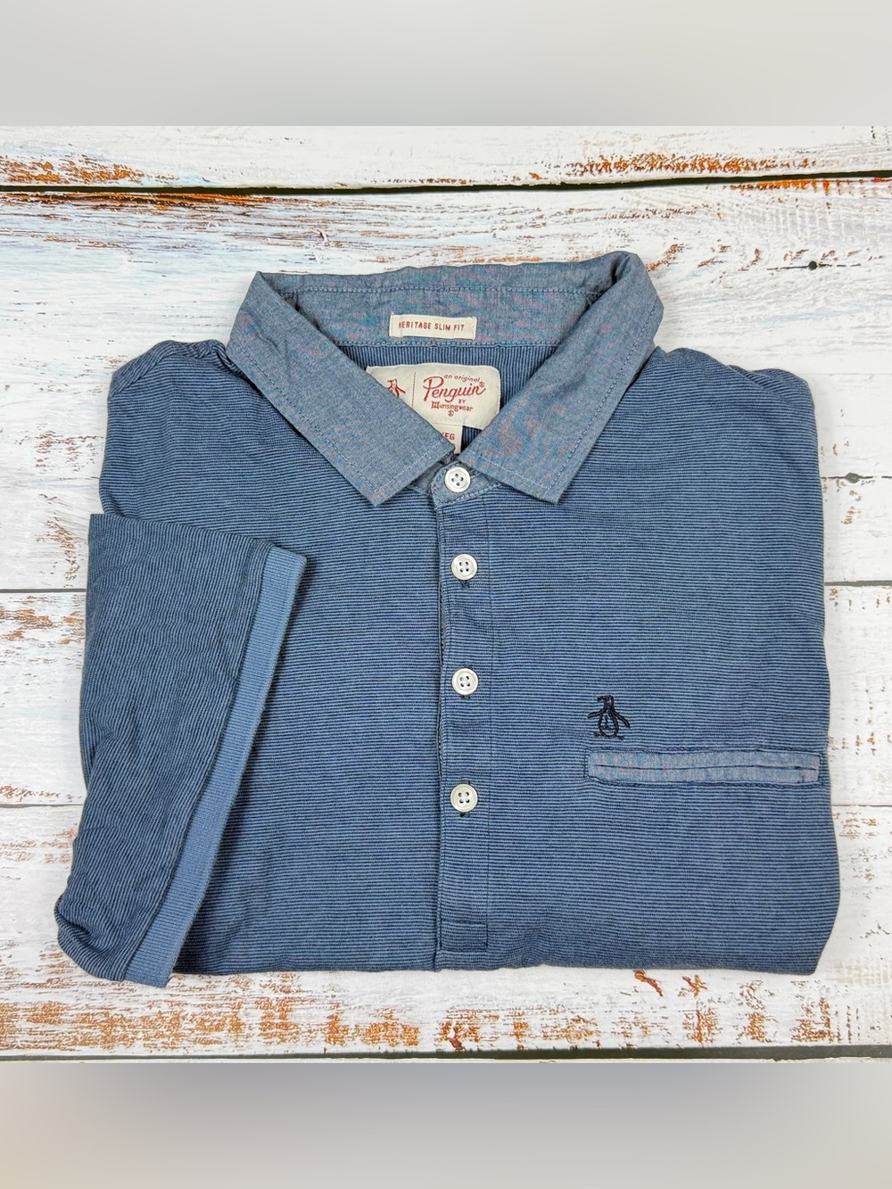 Original Penguin Men's Heritage Slim Fit Navy Chambray Polo with Contrast Collar